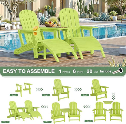 JY QAQA Outdoor Adirondack Chair Set of 2 with Detachable Table & Ottoman, All-Weather HDPE Patio Furniture with Wood Texture & Cup Holder for Patio, Poolside, Garden, Green
