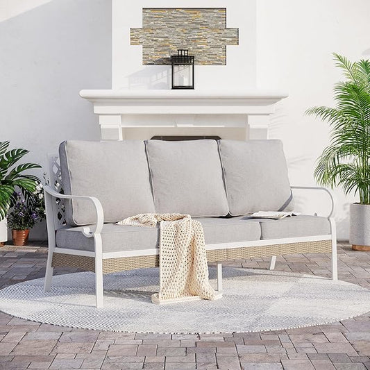 Metal Patio Furniture Sofa with 5.75" Extra Thick Cushion, 3-Seater Deep Seating & High-Back White Frame Outdoor Couch All Weather Outdoor Seating for Deck Gazebo Porch, Light Gray