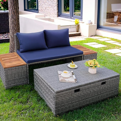 Flamaker Outdoor Rattan Lounge Chair with 2 Side Tables, Multifunctional Outdoor Patio Daybed with Footrest, Cushions, Storage Ottoman,Chaise Lounge Chair for Backyard Porch Poolside(Deep Blue)