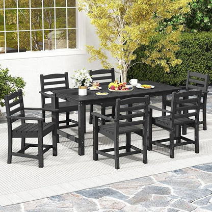 Tangkula HDPE Outdoor Dining Table for 6 Person, 67” Patio Table with Wood-Like Tabletop and Umbrella Hole, Weather-Resistant Rectangle Table for Garden, Backyard and Poolside (Black, 1 Table)