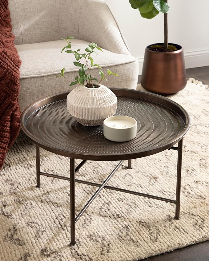 Kate and Laurel Mahdavi Modern Round Outdoor Coffee Table; 25 x 25 x 16; Bronze; Transitional Patio Coffee Table with Textured Top for Outdoor Furniture Decor