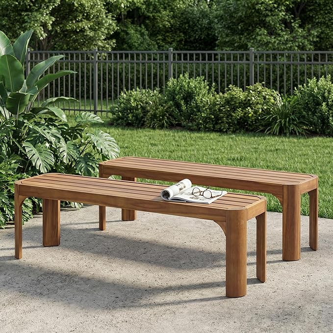 Christopher Knight Home Outdoor Acacia Wood Bench Set of 2, 57.25" Patio Benches, Slatted Garden Seating for 2–3 People, Solid Wood Entryway Bench for Backyard Porch Deck, Teak