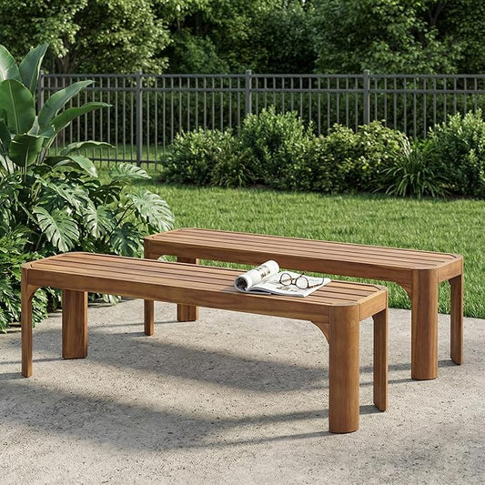 Christopher Knight Home Outdoor Acacia Wood Bench Set of 2, 57.25" Patio Benches, Slatted Garden Seating for 2–3 People, Solid Wood Entryway Bench for Backyard Porch Deck, Teak