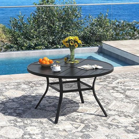 DIFY 40.6" Round Outdoor Patio Dining Table for 4, Metal Patio Table with 1.57" Adjustable Umbrella Hole, All-Weather Outdoor Furniture Table for Garden Backyard Deck, Black