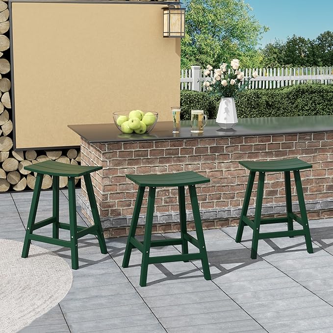 Costaelm All-Weather Bar Stools Set of 3, 24" Height Outdoor Bar Stools, Adirondack Poly Patio Bar Stool for Patio, Deck, Kitchen Counter and Garden, Dark Green