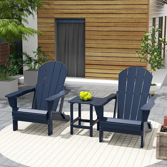 Costaelm 3 piece Patio Set, Outdoor Modern Adirondack Table and Chairs, All Weather Balcony Furniture Set Lounge Firepit Chairs for Outside Deck Garden Lawn Pool, Navy Blue