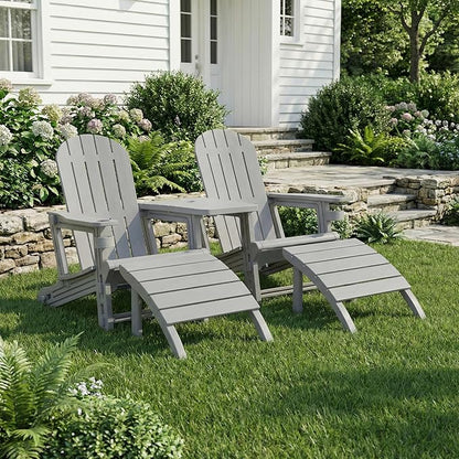 Shintenchi Adirondack Chair Set of 2,HDPE Adirondack Chairs with Umbrella Hole Connecting Tray & 2 Curved Ottoman,Plastic Outdoor Chairs with Cup Holders for Garden Backyard Pool,Light Gray