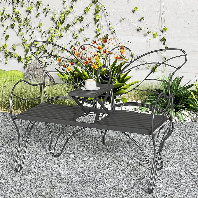 Outdoor Bench Patio Outdoor Garden Bench with Built-in Table, Butterfly Bench for Outside, 3 People Outdoor Bench Garden Bench Front Porch Furniture (Black, 49.2inch)