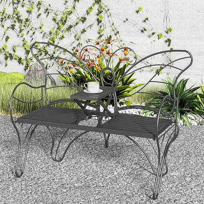 Outdoor Bench Patio Outdoor Garden Bench with Built-in Table, Butterfly Bench for Outside, 3 People Outdoor Bench Garden Bench Front Porch Furniture (Black, 49.2inch)