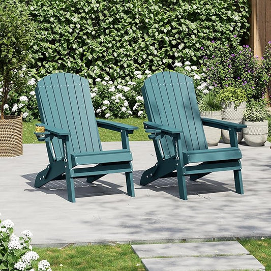 HDPE Foldable Adirondack Outdoor Chair Set of 2 with Cup Holder, Weather Resistant Heavy-Duty Patio Chair for Patio, Backyard, Deck, Fire Pit, Lawn and Porch, Lake Blue