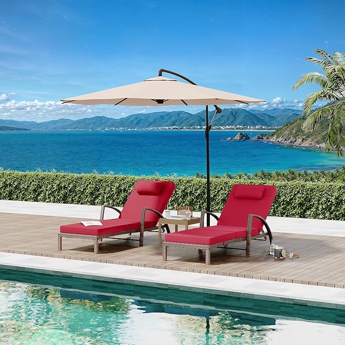 Outdoor Chaise Lounge Set of 2 Rattan Patio Folding Chaise Lounge Adjustable 5 Position Back Patio Pool Lounge Chair with Cushion Pillow for Poolside Backyard Deck Porch Red