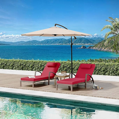 Outdoor Chaise Lounge Set of 2 Rattan Patio Folding Chaise Lounge Adjustable 5 Position Back Patio Pool Lounge Chair with Cushion Pillow for Poolside Backyard Deck Porch Red