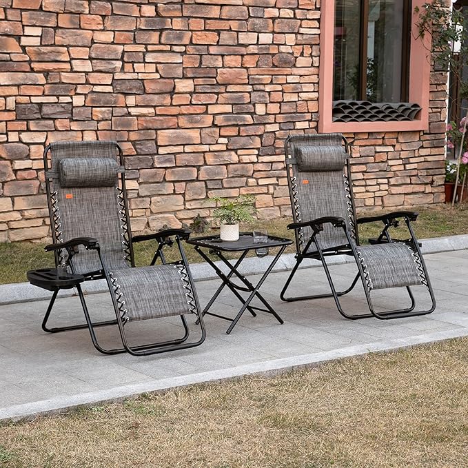 Outsunny Zero Gravity Chair Set with Side Table, Folding Reclining Chair with Cupholders & Pillows - Photo 2