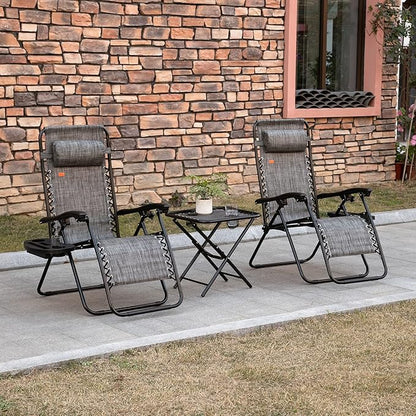 Outsunny Zero Gravity Chair Set with Side Table, Folding Reclining Chair with Cupholders & Pillows, Adjustable Lounge Chairs for Pool, Backyard, Lawn, Beach, Gray