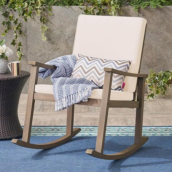 Outdoor Rocking Chair with Armrests and Cushions, Acacia Wood Structure, for Garden, Patio or Balcony, Cream+Grey - Photo 1