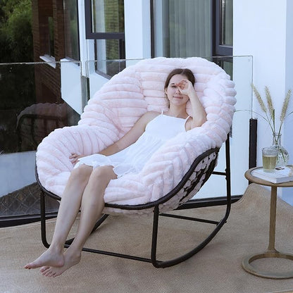 Outdoor Rocking Chair, Patio Wicker Egg Chair, Indoor Comfy Oversized Papasan Chair with Padded Cushion, Royal Rattan Rocker for Front Porch, Garden, Patio (Pink)