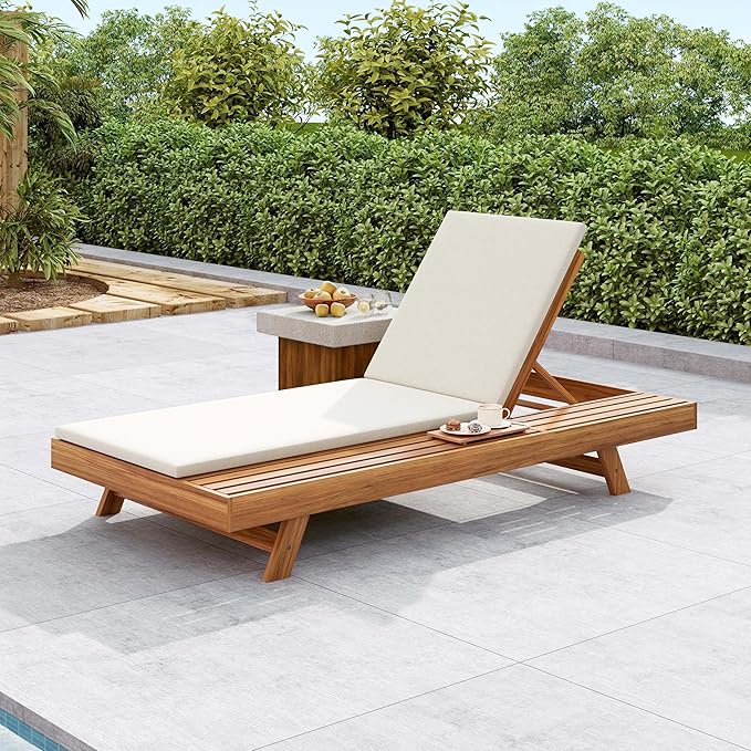 Acacia Wood Outdoor Chaise Lounge with Open Slatted Side, 4-Position Pool Lounge Chairs with All-Weather Cushion, Teak Finish Reclining Patio Chair, 300Lbs Capacity (Cream, 2 inch)