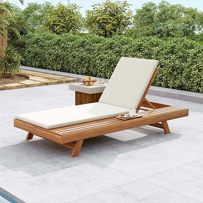 Acacia Wood Outdoor Chaise Lounge with Open Slatted Side, 4-Position Pool Lounge Chairs with All-Weather Cushion, Teak Finish Reclining Patio Chair, 300Lbs Capacity (Cream, 2 inch)