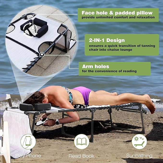 BlueWish 2 Pack Tanning Chair with Face Hole, Outdoor Tanning Chair with 5-Position Adjustable Backrest - Photo 8