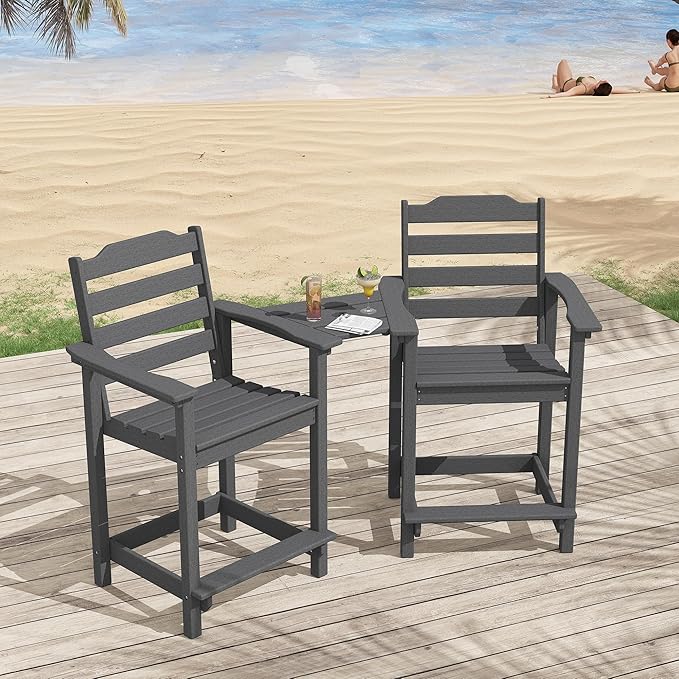 Tall Adirondack Bar Stools Set of 2 with Connecting Tray, Counter Height Patio Chairs, All Weather HDPE Balcony Stools for Outdoor Deck & Garden, Gray