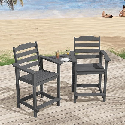 Tall Adirondack Bar Stools Set of 2 with Connecting Tray, Counter Height Patio Chairs, All Weather HDPE Balcony Stools for Outdoor Deck & Garden, Gray