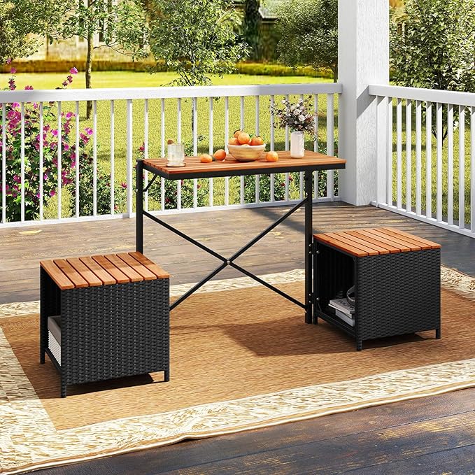 Tangkula 2-in-1 Outdoor Convertible Bench, Transforming Interchangeable Picnic Table Garden Loveseat with Metal Frame, PE Rattan Acacia Wood Foldable Table and Chairs Set for Porch, Backyard & Deck