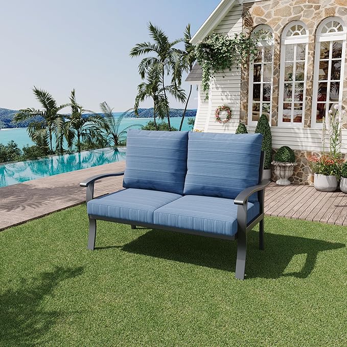 HOMREST Outdoor Loveseat Aluminum Patio Furniture Sofa, All-Weather Metal Outdoor Couch with Cushions, Blue - Photo 2