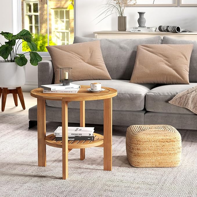 Tangkula Outdoor Round Side Table, 19.5 Inches Teak Wood Patio Table with Slatted Tabletop & Storage Shelf - Photo 7