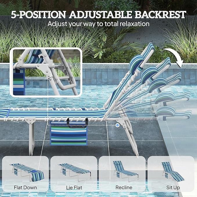 Outsunny Tanning Chair with Face Hole, Side Table, 5-Position Reclining Folding Chaise Lounge Chair Outdoor Lounger Recliner, Carry Straps for Beach Pool Camp, Oxford Fabric, Blue Stripe