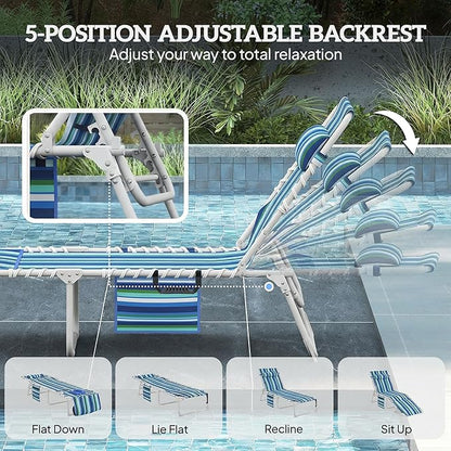 Outsunny Tanning Chair Set of 2 with Face Hole, Side Table, 5-Position Reclining Folding Chaise Lounge Chair Outdoor Lounger Recliner, Carry Straps for Beach Pool Camp, Oxford Fabric, Blue Stripe