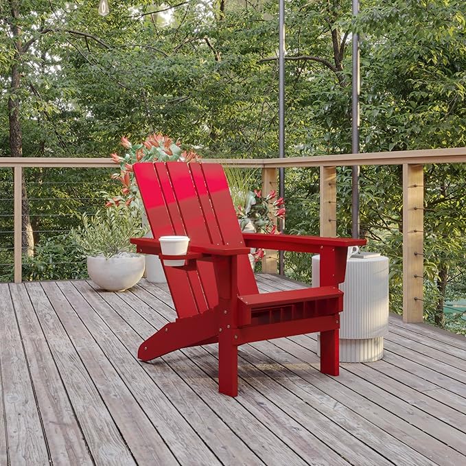 Flash Furniture Halifax Adirondack Chairs with Cup Holders, Weather Resistant Poly Resin Adirondack Chairs, Set of 4, Red