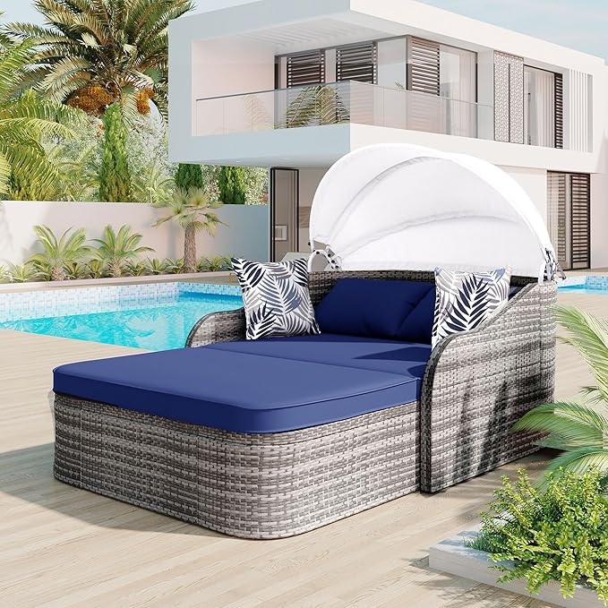 79.9" Outdoor Rattan Sunbed, Patio Wicker Daybed Lounger with Adjustable Canopy, Double Lounge, Thick Seat & Cushions - Photo 2