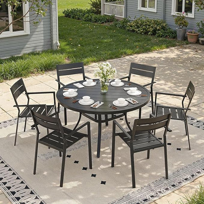 Outdoor Dining Table for 6, 47.2" Round Outdoor Table with Adjustable Umbrella Hole, All-Weather Metal Patio Dining Table for Lawn Garden Backyard Deck, Black