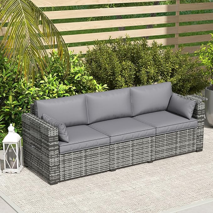 Outsunny 3 Seater Wicker Sofa with Side Tray Tables, Rattan Outdoor Patio Sofa with 6" Thick Back Cushions, Outdoor Wicker Couch with Deep Seating, Pillows for Porch, Garden, Backyard, Mixed Gray
