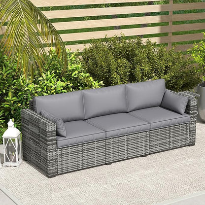 Outsunny 3 Seater Wicker Sofa with Side Tray Tables, Rattan Outdoor Patio Sofa with 6" Thick Back Cushions, Outdoor Wicker Couch with Deep Seating, Pillows for Porch, Garden, Backyard, Mixed Gray
