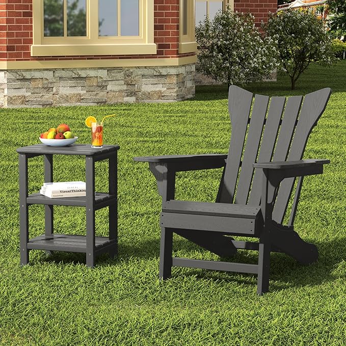 3 Tier Outdoor Side Table Adirondack Side Table HDPE End Table Patio Side Table Rectangle Tables for Outdoor Backyard Garden Balcony (Retro, Grey)