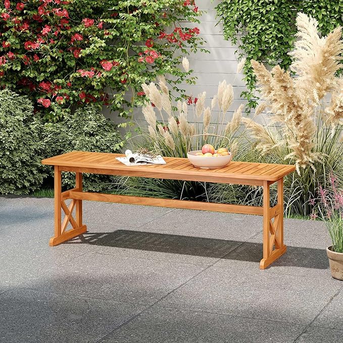 HAPPYGRILL Acacia Wood Outdoor Bench for 2-3 People, Patio Bench with Slatted Seat & X-Shaped Frame, for Porch Garden Backyard and Park (1)