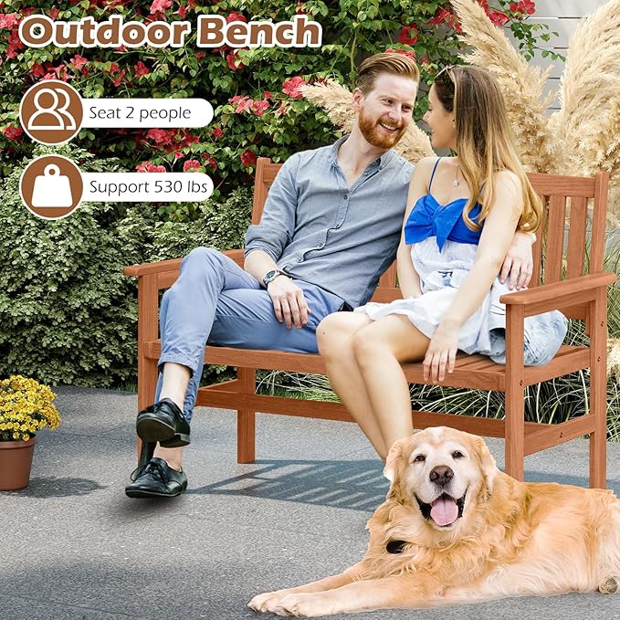 Tangkula Wooden Garden Bench, 2-Person Patio Loveseat with Slatted Backrest and Comfortable Armrests, Outdoor Bench for Porch, Backyard and Park, 530 lbs Weight Capacity