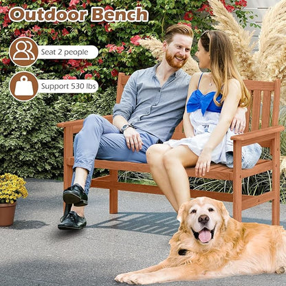 Tangkula Wooden Garden Bench, 2-Person Patio Loveseat with Slatted Backrest and Comfortable Armrests, Outdoor Bench for Porch, Backyard and Park, 530 lbs Weight Capacity