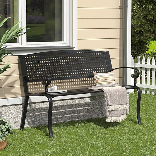 VICLLAX Outdoor Garden Bench, Metal Frame Patio Bench with Twist Circle Design Backrest for Porch Yard Lawn Deck, Black