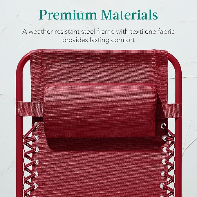 Best Choice Products Adjustable Zero Gravity Chair, Monochromatic Color Folding Patio Recliner w/Side Tray, Headrest - Ruby