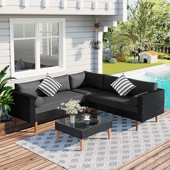 Quarte 4-Piece Outdoor Patio Furniture Set, Wicker L-Shape Corner Sectional Sofa Set with Colorful Pillows and Coffee Table,Conversation Seating Group for Small Places (Black+ Gray/L)