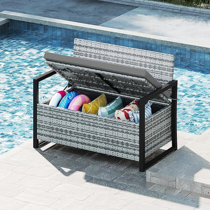 Tangkula 40 Gallon Outdoor Bench with Storage, Patio Wicker Storage Bench with Cushion, Cover, Metal Frame, Deck Box Seat for Backyard, Poolside, Balcony, Garden
