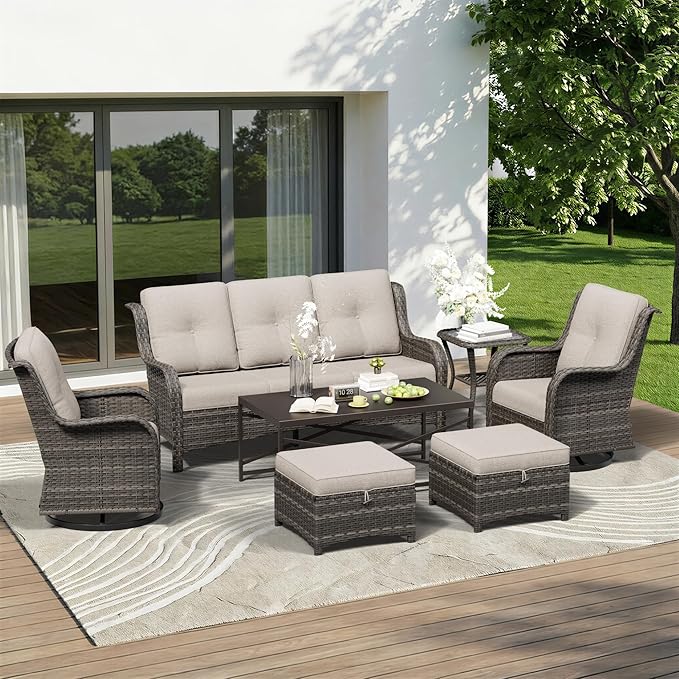 7 Piece Outdoor Wicker Patio Furniture Set, Outdoor Swivel Rocker Patio Chairs Set with Thickened Olefin Cushions - Photo 1