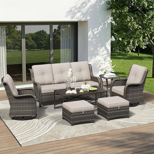 7 Piece Outdoor Wicker Patio Furniture Set, Outdoor Swivel Rocker Patio Chairs Set with Thickened Olefin Cushions, High Back and Deep Seating, Hand-Woven PE Rattan for Porch, Deck