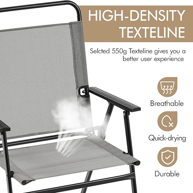 Yaheetech Outdoor Patio Chairs Set of 2, Folding Patio Chairs with Metal Frame, Armrests, Portable Dining Chairs for Camping, Lawn, Garden and Porch, Gray