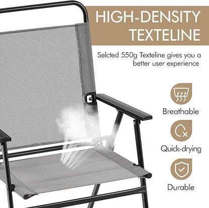 Yaheetech Outdoor Patio Chairs Set of 2, Folding Patio Chairs with Metal Frame, Armrests, Portable Dining Chairs for Camping, Lawn, Garden and Porch, Gray