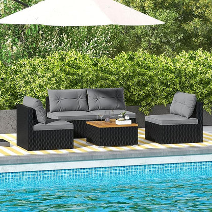 Tangkula 5 Piece Rattan Sofa Set, Outdoor Wicker Furniture Set w/Seat & Back Cushions, Square Coffee Table, Patio Sofa Set for Backyard, Poolside (Grey)