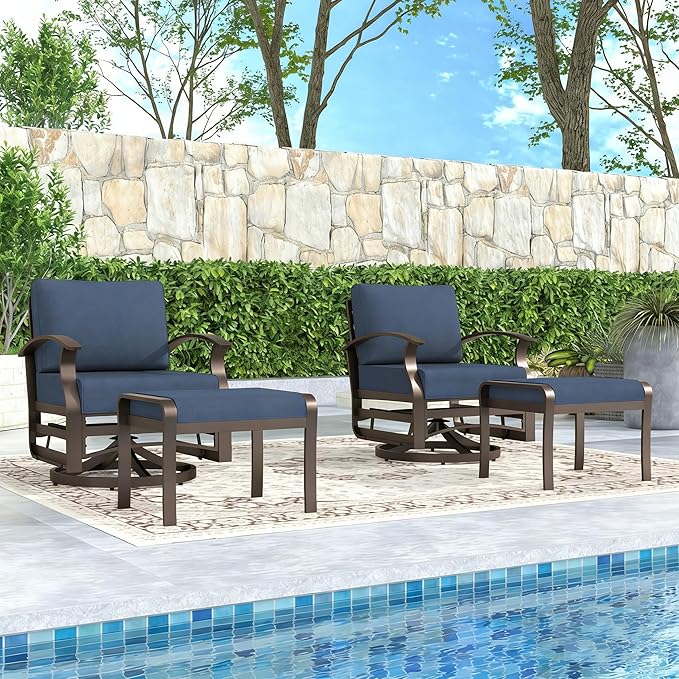 Gotland 4 Piece Patio Set, Metal Outdoor Swivel Chairs Set of 2 with 2 Ottoman 5.1’’ High-Resilience Seat Cushions Removable Cushions, Aluminum Patio Furniture Set for Lawn, Porch, Balcony, Navy