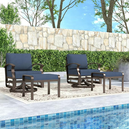 Gotland 4 Piece Patio Set, Metal Outdoor Swivel Chairs Set of 2 with 2 Ottoman 5.1’’ High-Resilience Seat Cushions Removable Cushions, Aluminum Patio Furniture Set for Lawn, Porch, Balcony, Navy
